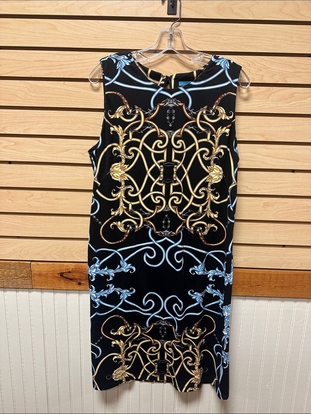 J. McLaughlin Black Sleeveless Dress with Gold and Light Blue Baroque Print
